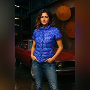 Anorak Down Chalet Short Sleeves Blue+ Pink Leopard Print Jacket Layering SM